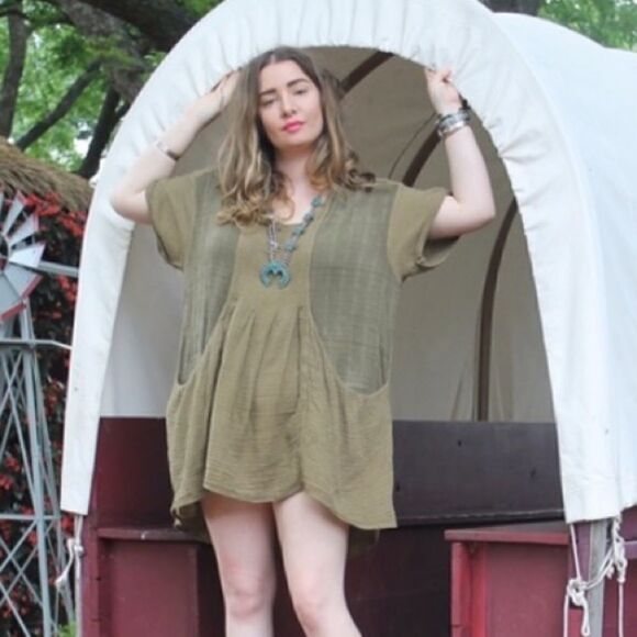 Free People Olive Green Babydoll Mini Dress XS Boho Muslin Gauze Appearance - Picture 3 of 11